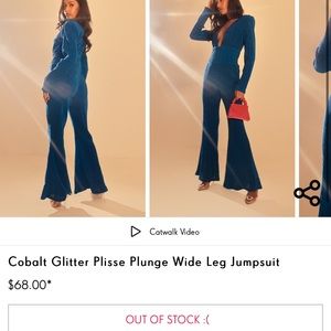 Pretty Little Thing Cobalt Glitter Plisse Plunge Wide Leg Jumpsuit!! US 0, UK 4!